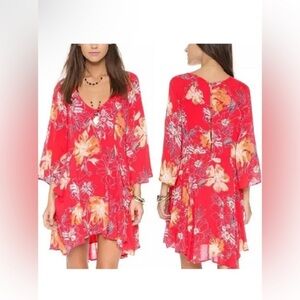 Free People Eyes on You Red Floral Boho Tunic Dress, Size 6